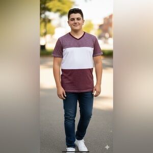 Nwt Distortion Boys shirt size medium block burgundy white pullover short sleeve